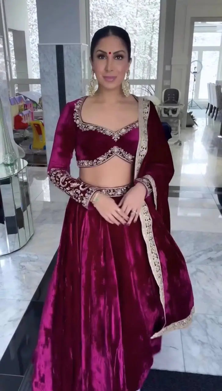 Luxury Velvet Embroidered Lehenga Choli Set with Dupatta