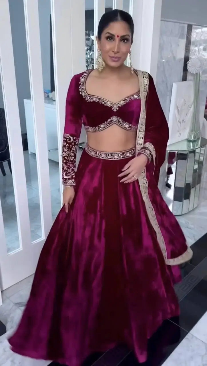 Luxury Velvet Embroidered Lehenga Choli Set with Dupatta