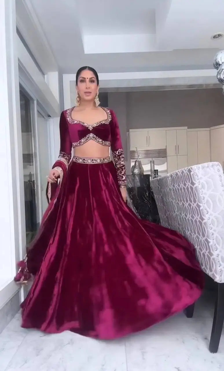 Luxury Velvet Embroidered Lehenga Choli Set with Dupatta