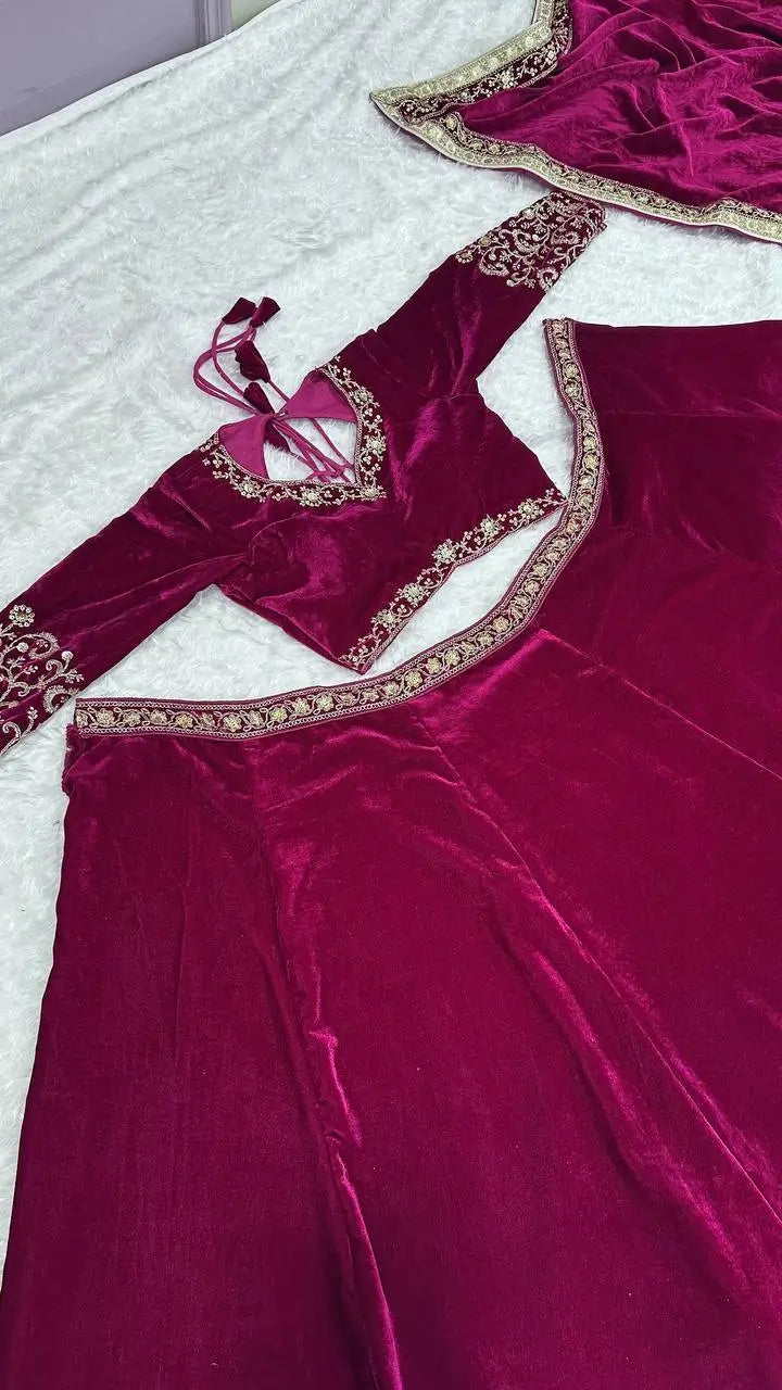 Luxury Velvet Embroidered Lehenga Choli Set with Dupatta
