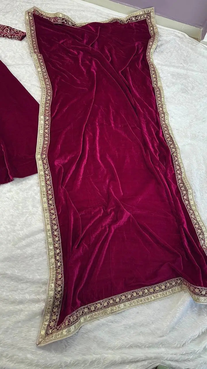 Luxury Velvet Embroidered Lehenga Choli Set with Dupatta
