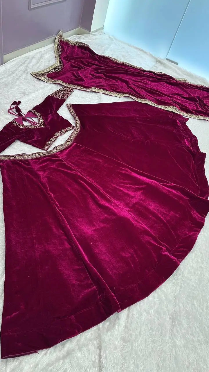 Luxury Velvet Embroidered Lehenga Choli Set with Dupatta