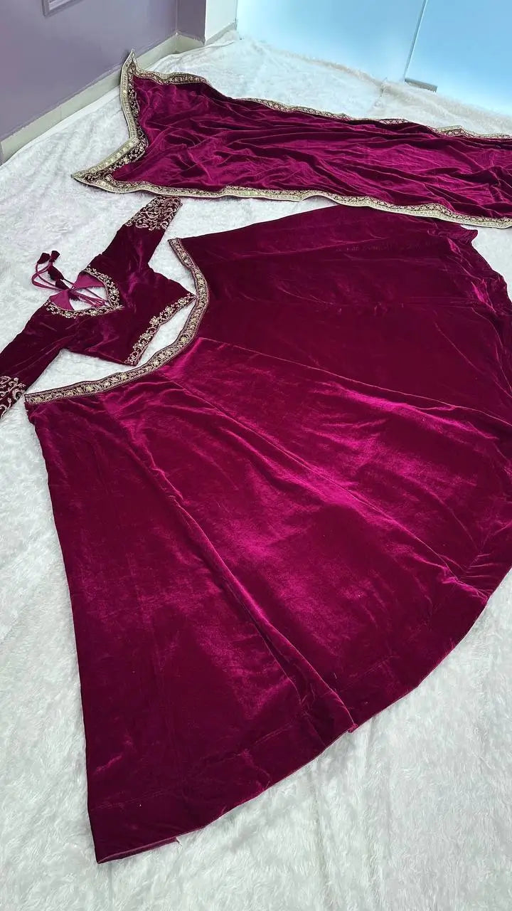 Luxury Velvet Embroidered Lehenga Choli Set with Dupatta