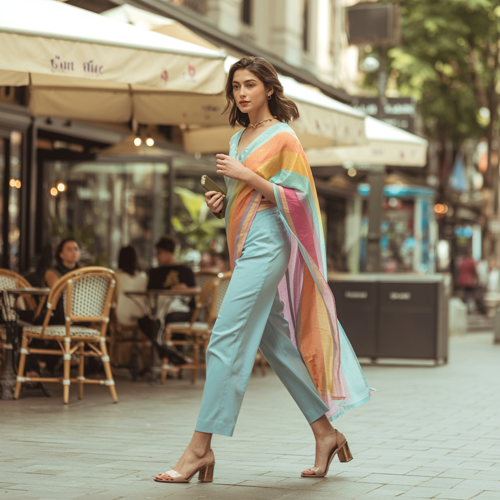 Woman walking on a city street wearing a colorful scarf and light blue pants.