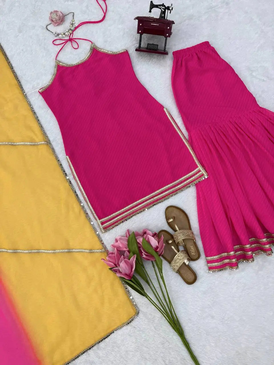 Magenta Mirror Lace Sharara Set