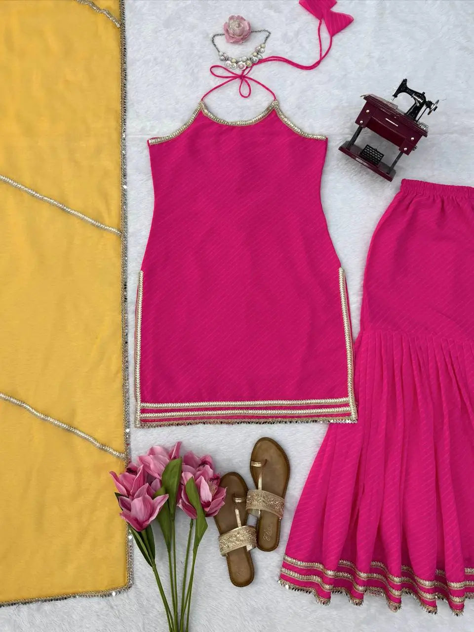 Magenta Mirror Lace Sharara Set