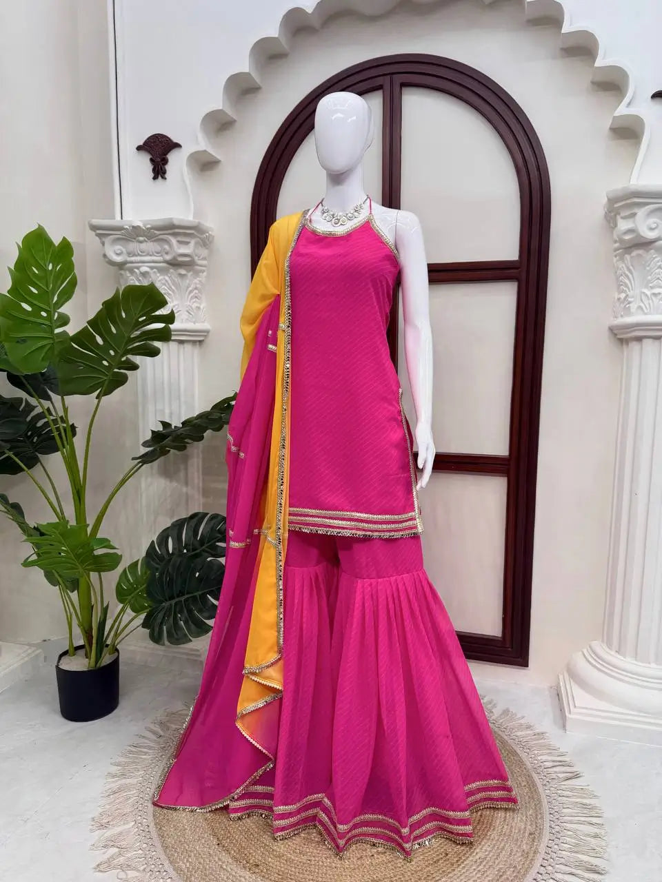 Magenta Mirror Lace Sharara Set