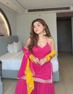 Magenta Mirror Lace Sharara Set
