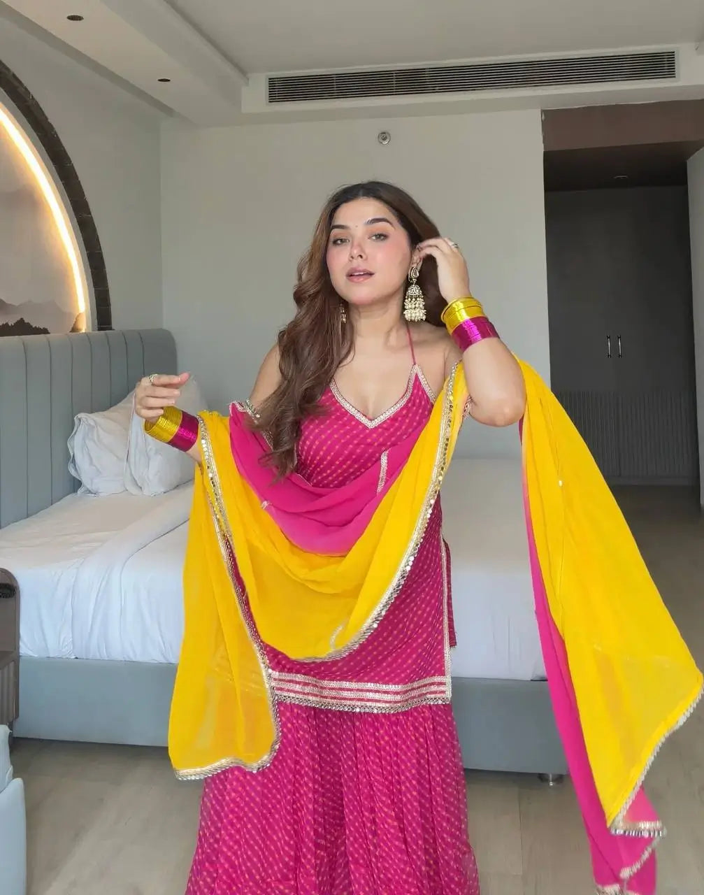 Magenta Mirror Lace Sharara Set