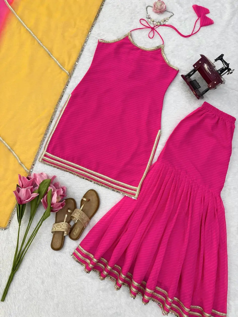 Magenta Mirror Lace Sharara Set