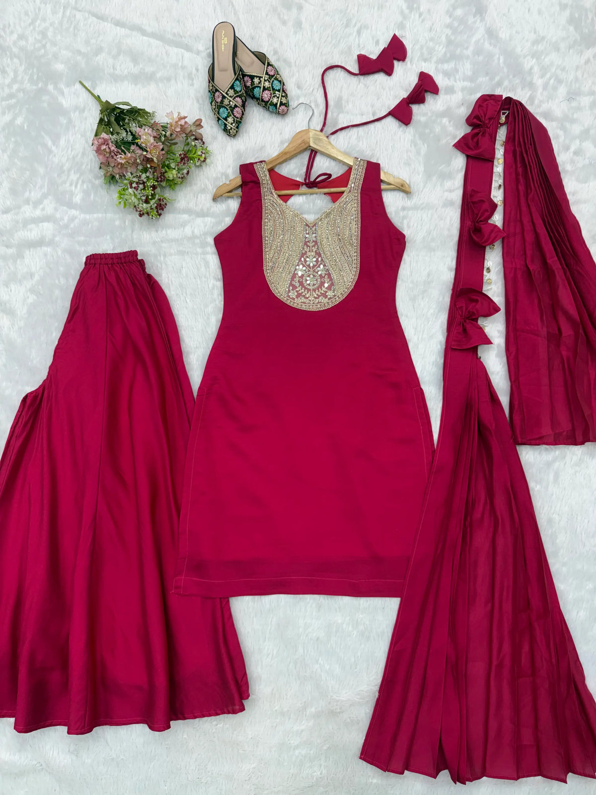 Magenta Mirror Work Palazzo Set