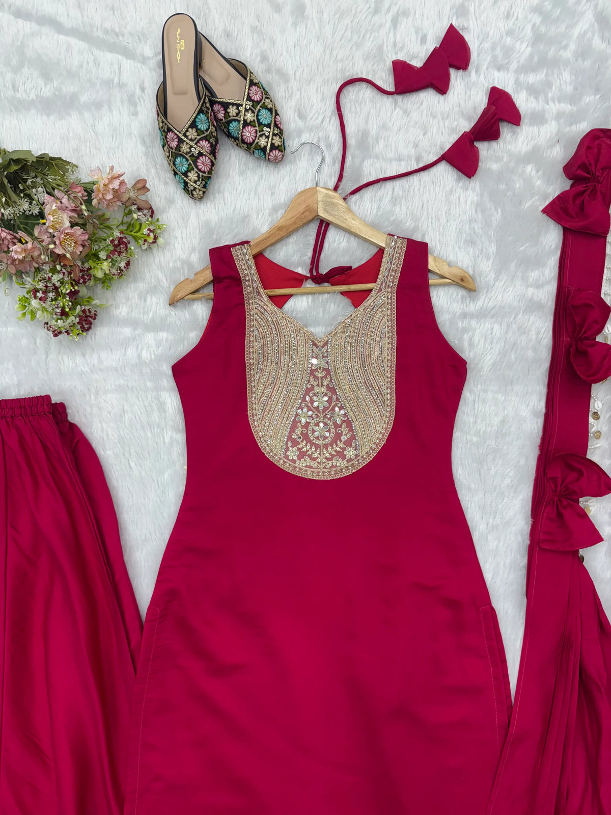 Magenta Mirror Work Palazzo Set