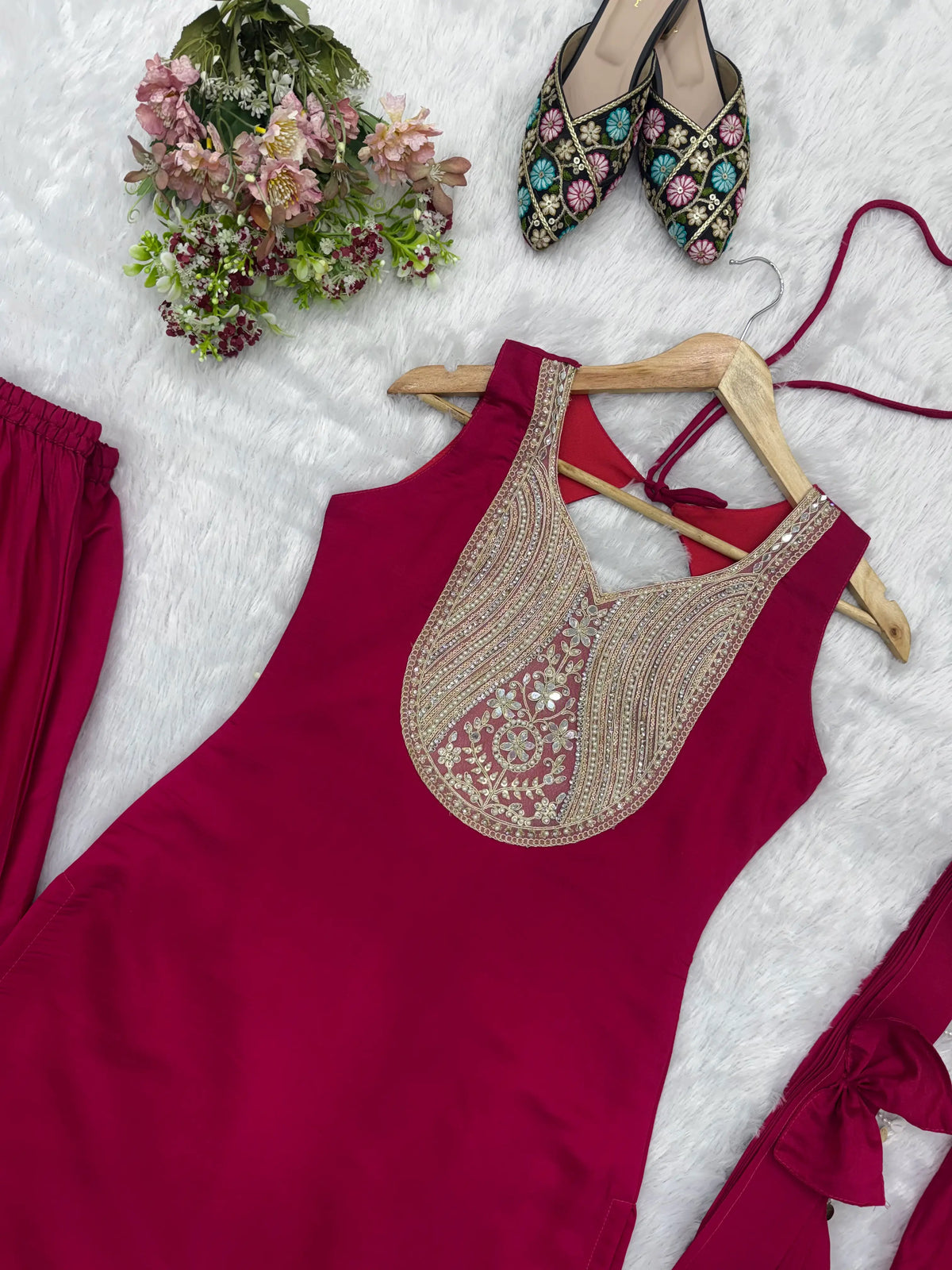 Magenta Mirror Work Palazzo Set