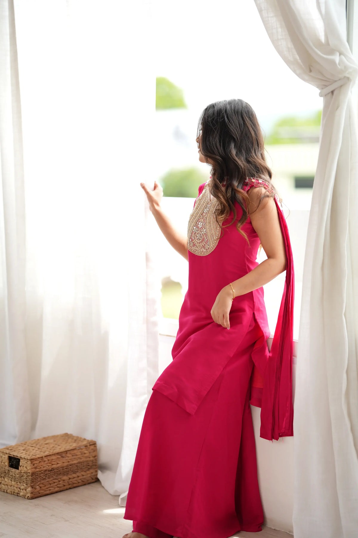 Magenta Mirror Work Palazzo Set