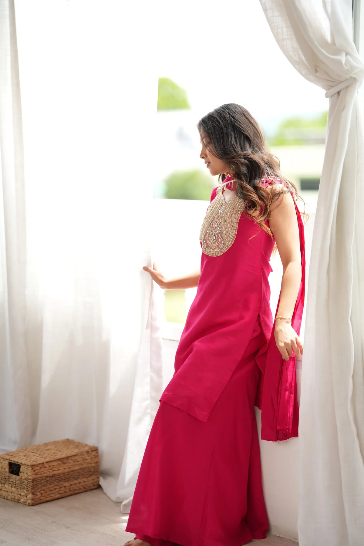 Magenta Mirror Work Palazzo Set