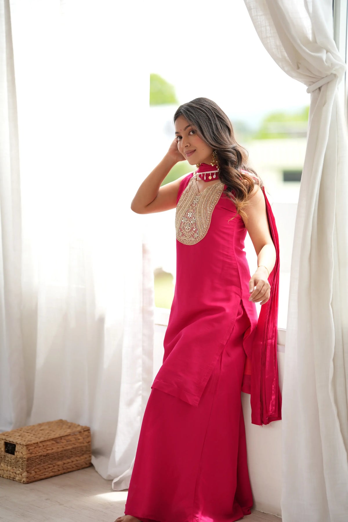 Magenta Mirror Work Palazzo Set