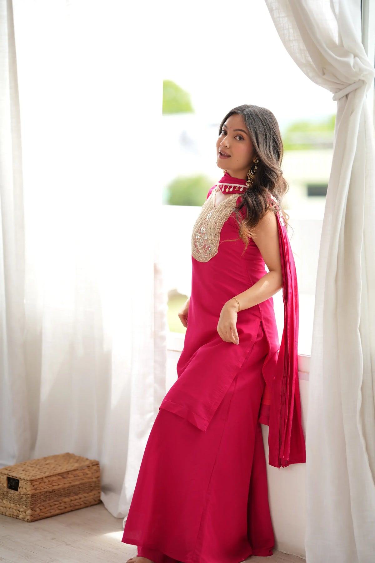 Magenta Mirror Work Palazzo Set