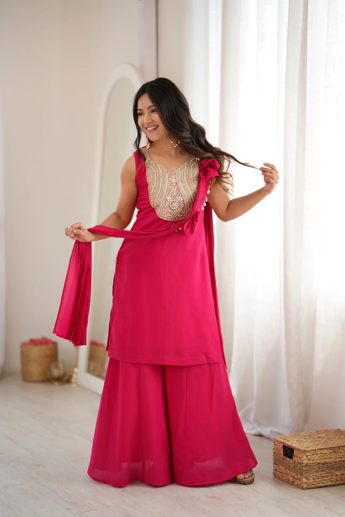 Magenta Mirror Work Palazzo Set