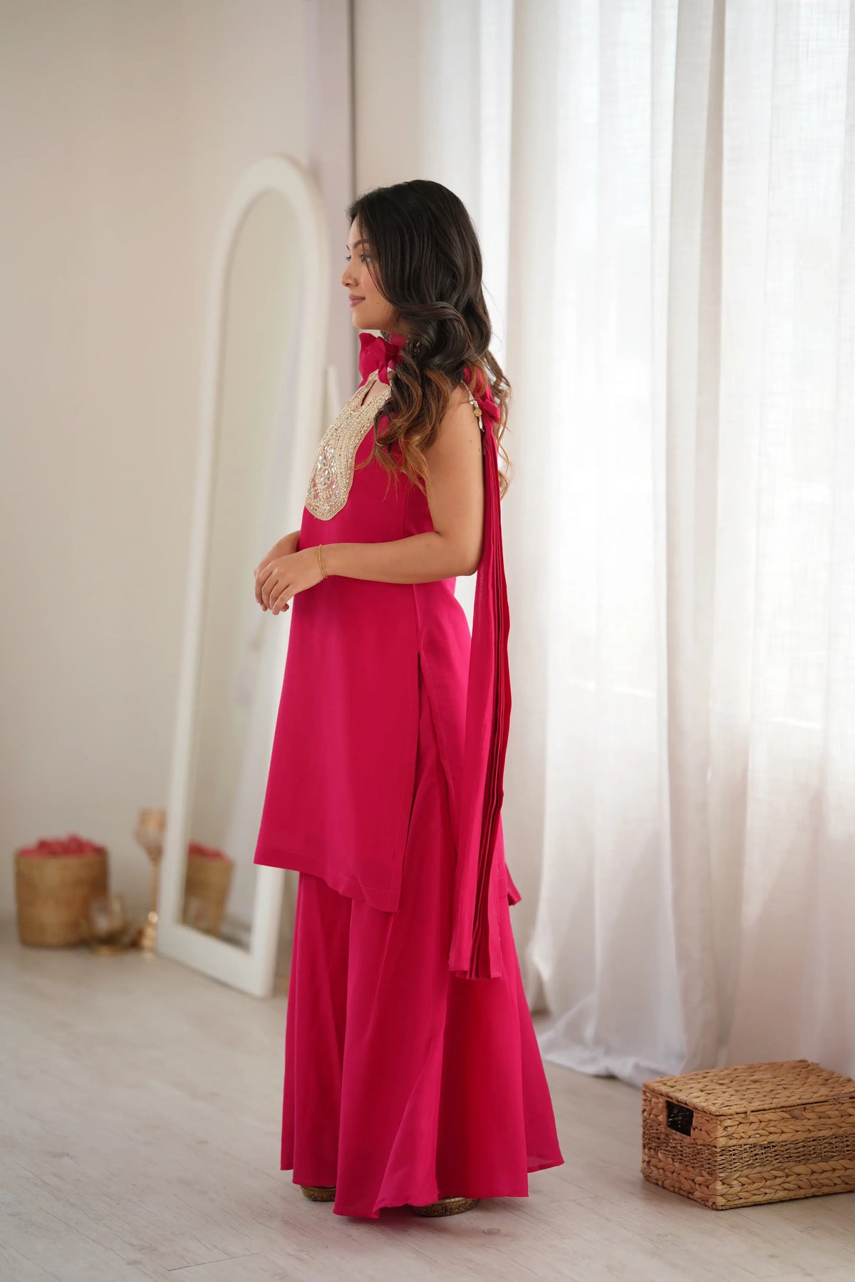Magenta Mirror Work Palazzo Set