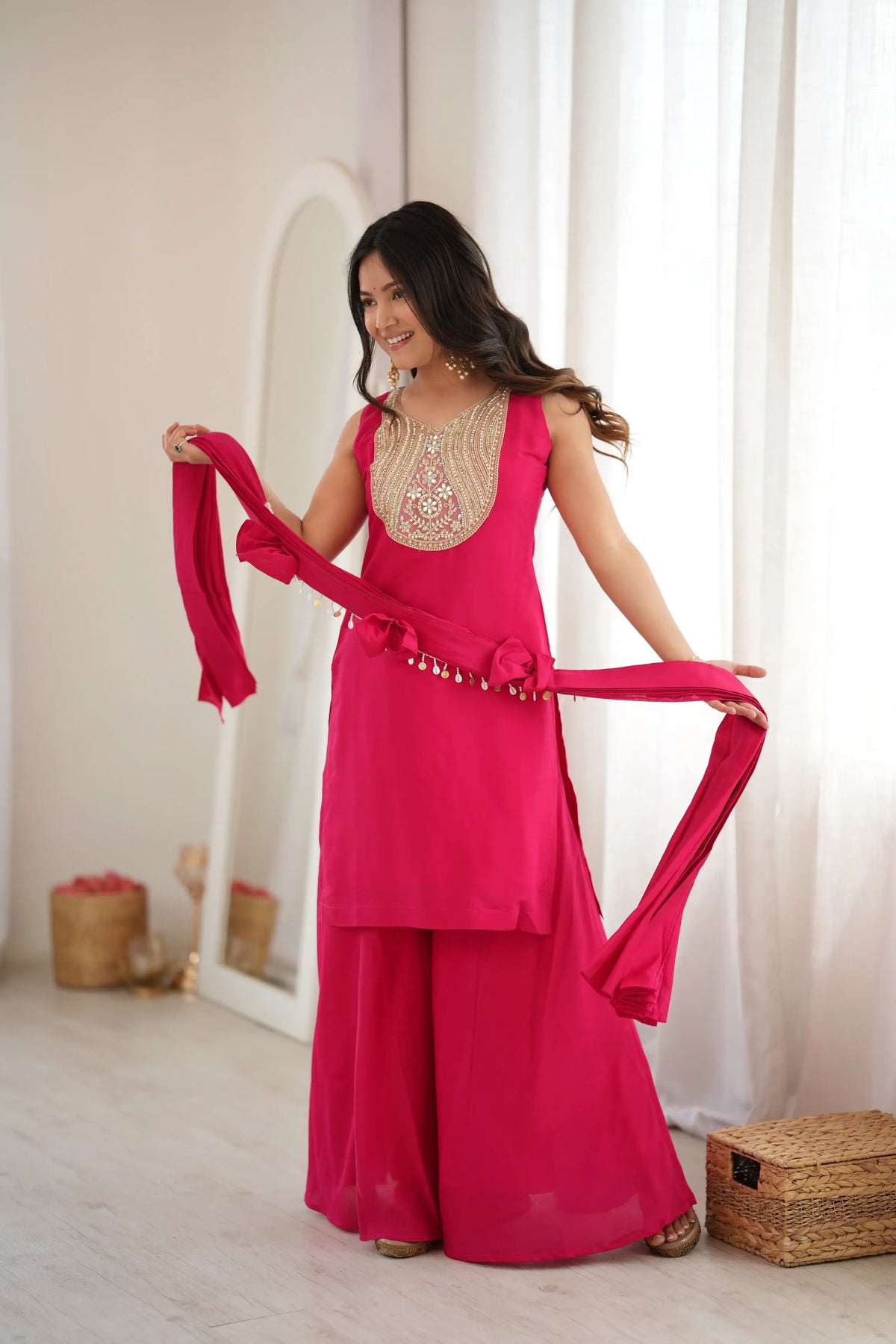 Magenta Mirror Work Palazzo Set