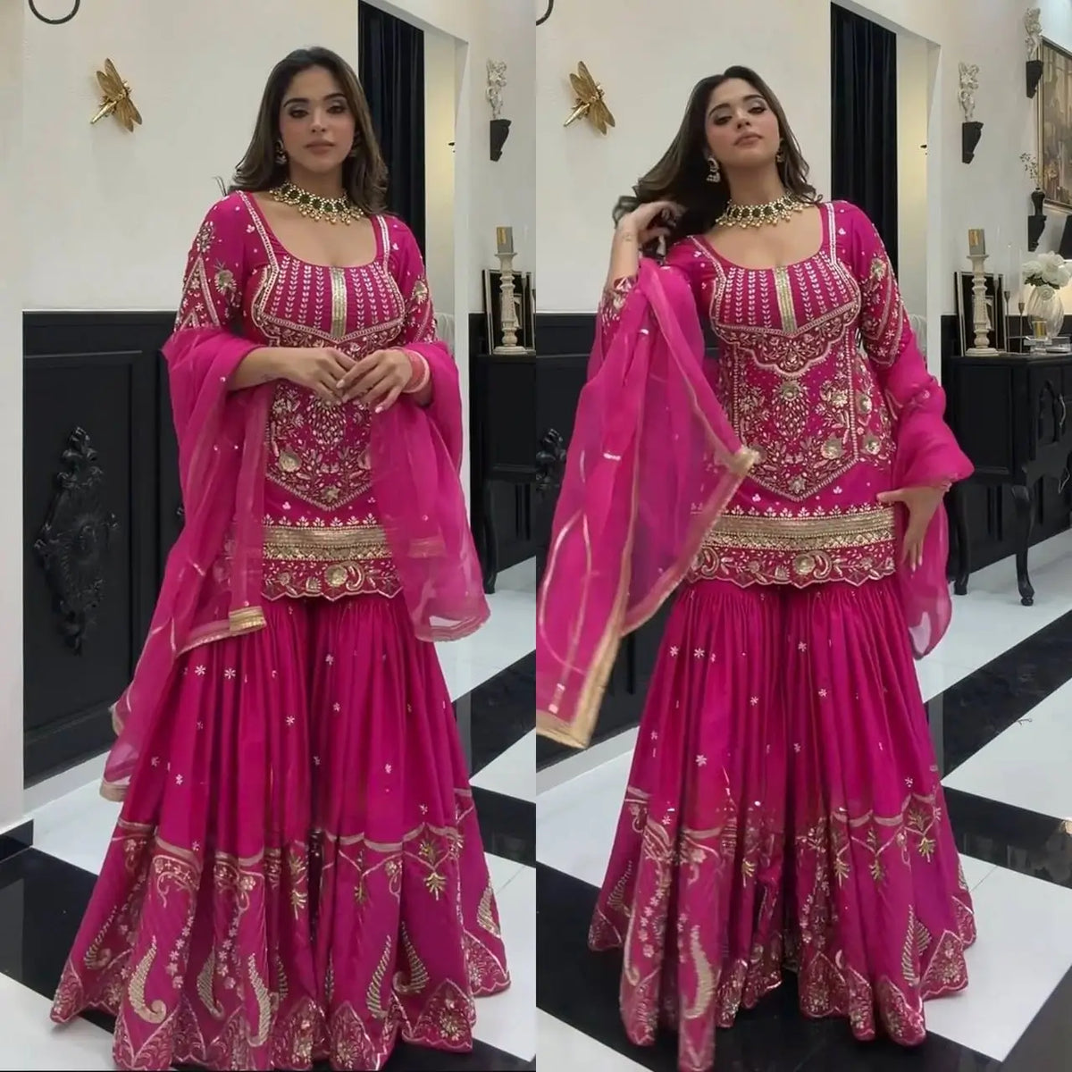 Magenta Sindoor Silk Sharara Set with Dupatta