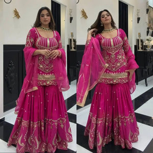 Magenta Sindoor Silk Sharara Set with Dupatta
