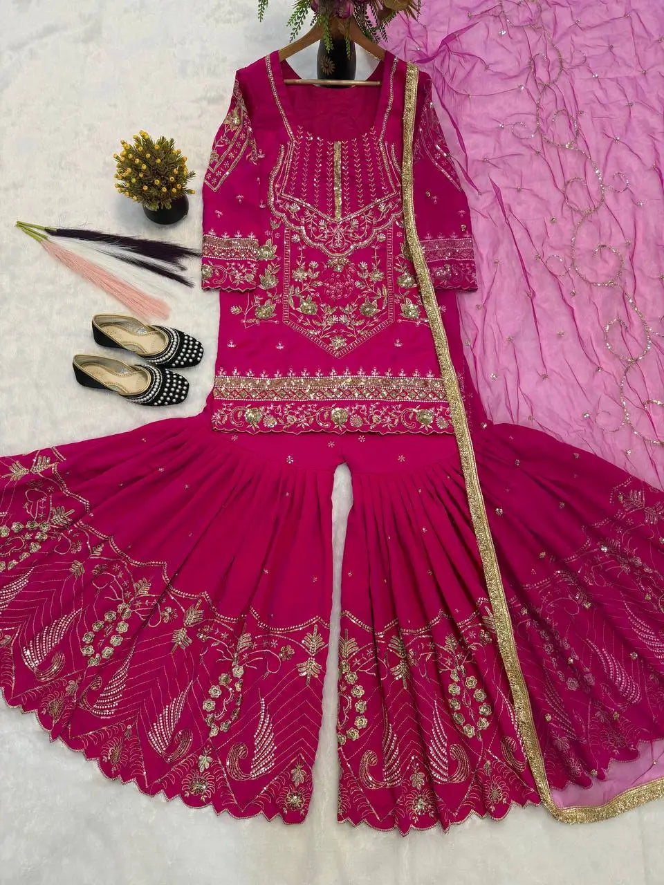 Magenta Sindoor Silk Sharara Set with Dupatta