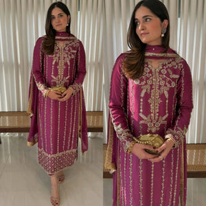 Magenta Zari Embroidered Suit