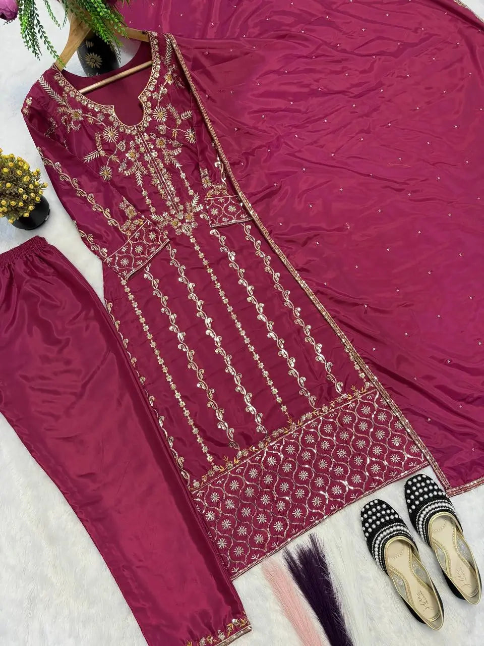 Magenta Zari Embroidered Suit
