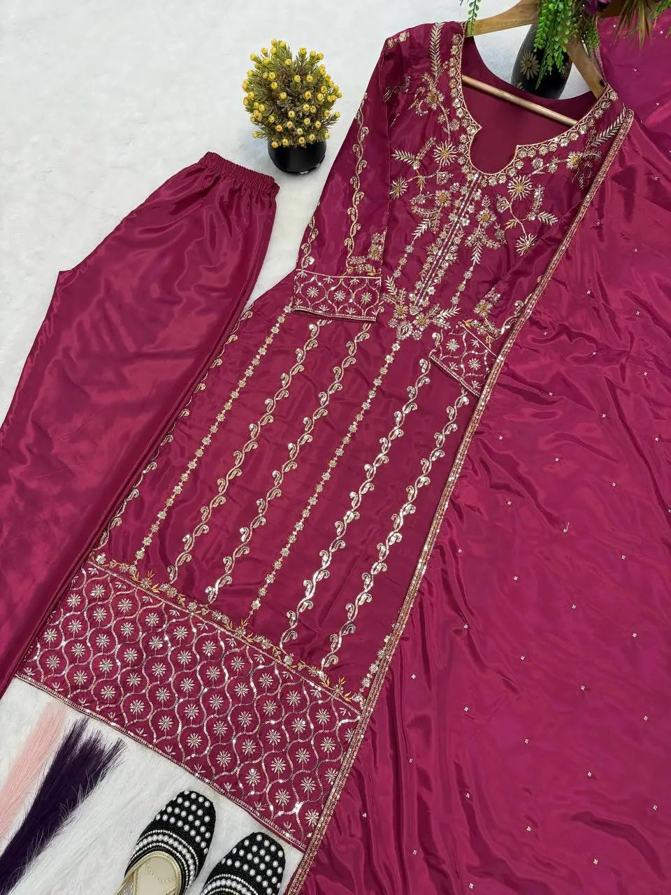 Magenta Zari Embroidered Suit