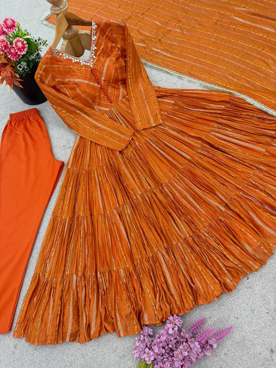 Mal Chanderi Mirror Work Ruffle Gown Set