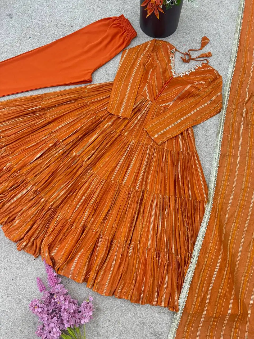 Mal Chanderi Mirror Work Ruffle Gown Set