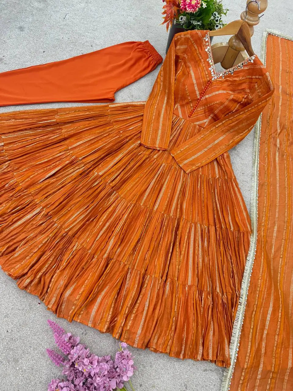 Mal Chanderi Mirror Work Ruffle Gown Set