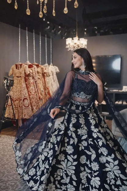 Malai Satin Embroidered Bridal Lehenga Set
