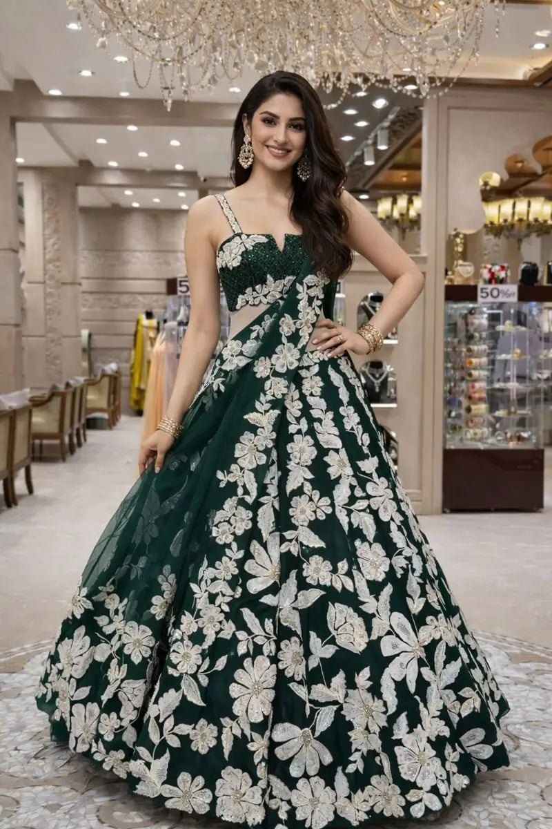 Malai Satin Embroidered Bridal Lehenga Set