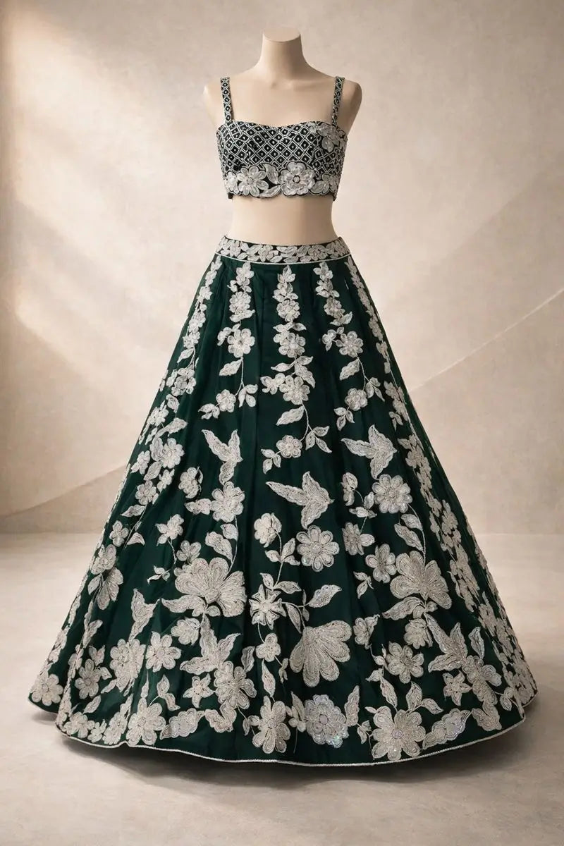 Malai Satin Embroidered Bridal Lehenga Set