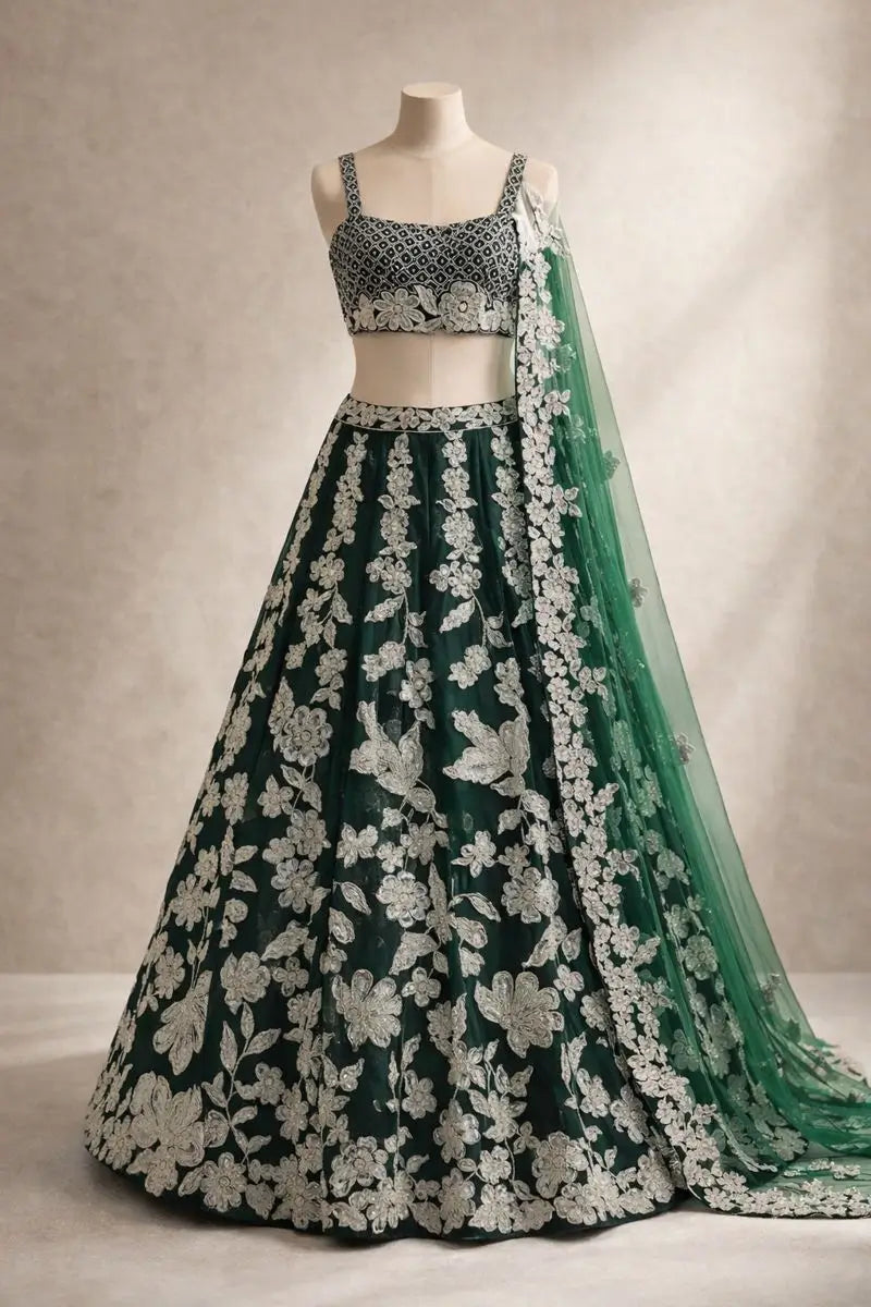Malai Satin Embroidered Bridal Lehenga Set