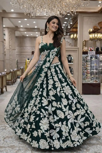 Malai Satin Embroidered Bridal Lehenga Set