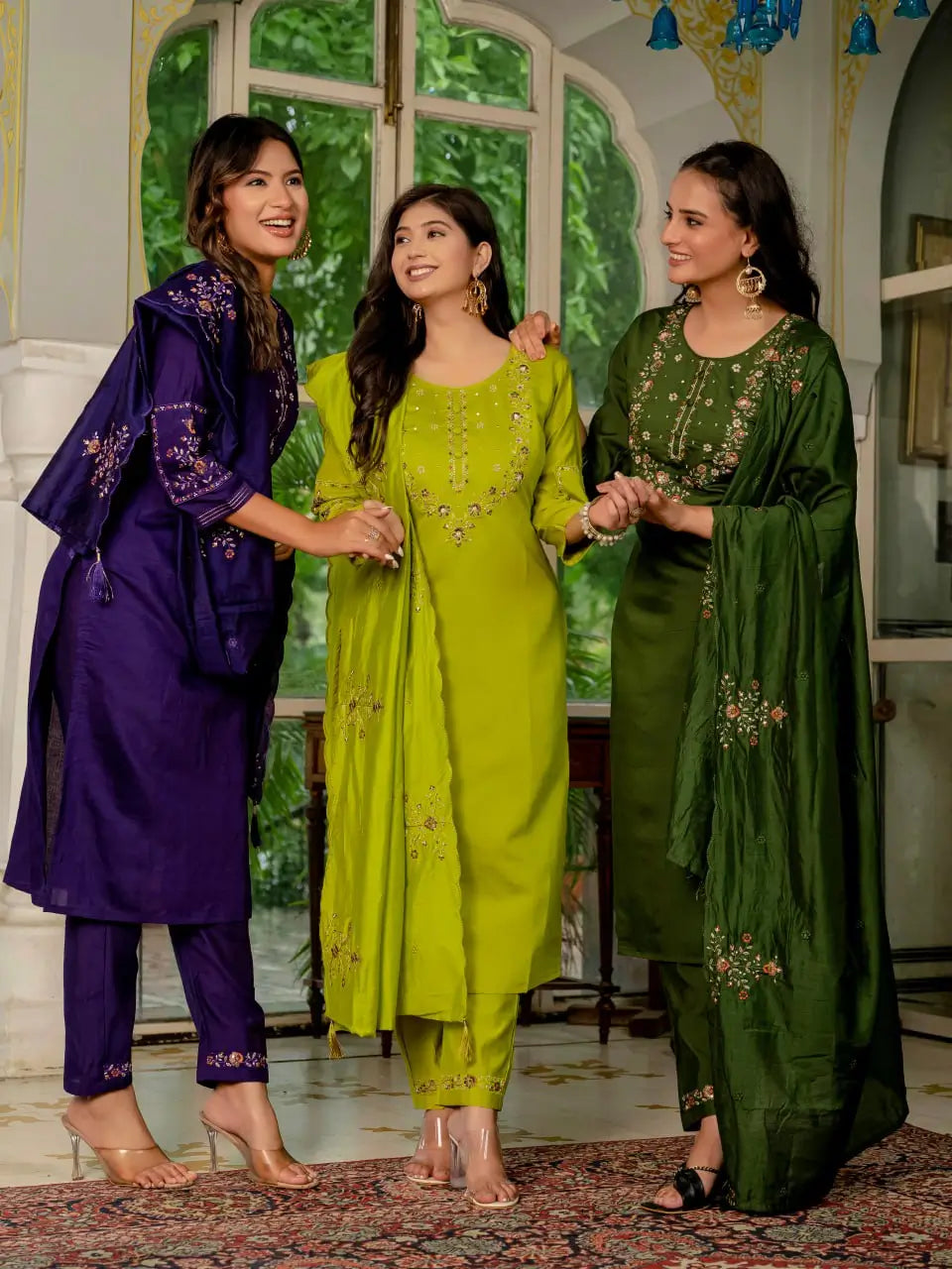 Marina Silk Multi Embroidered Kurti Set with Pant & Maslin Dupatta – Stitched 3 Piece Set