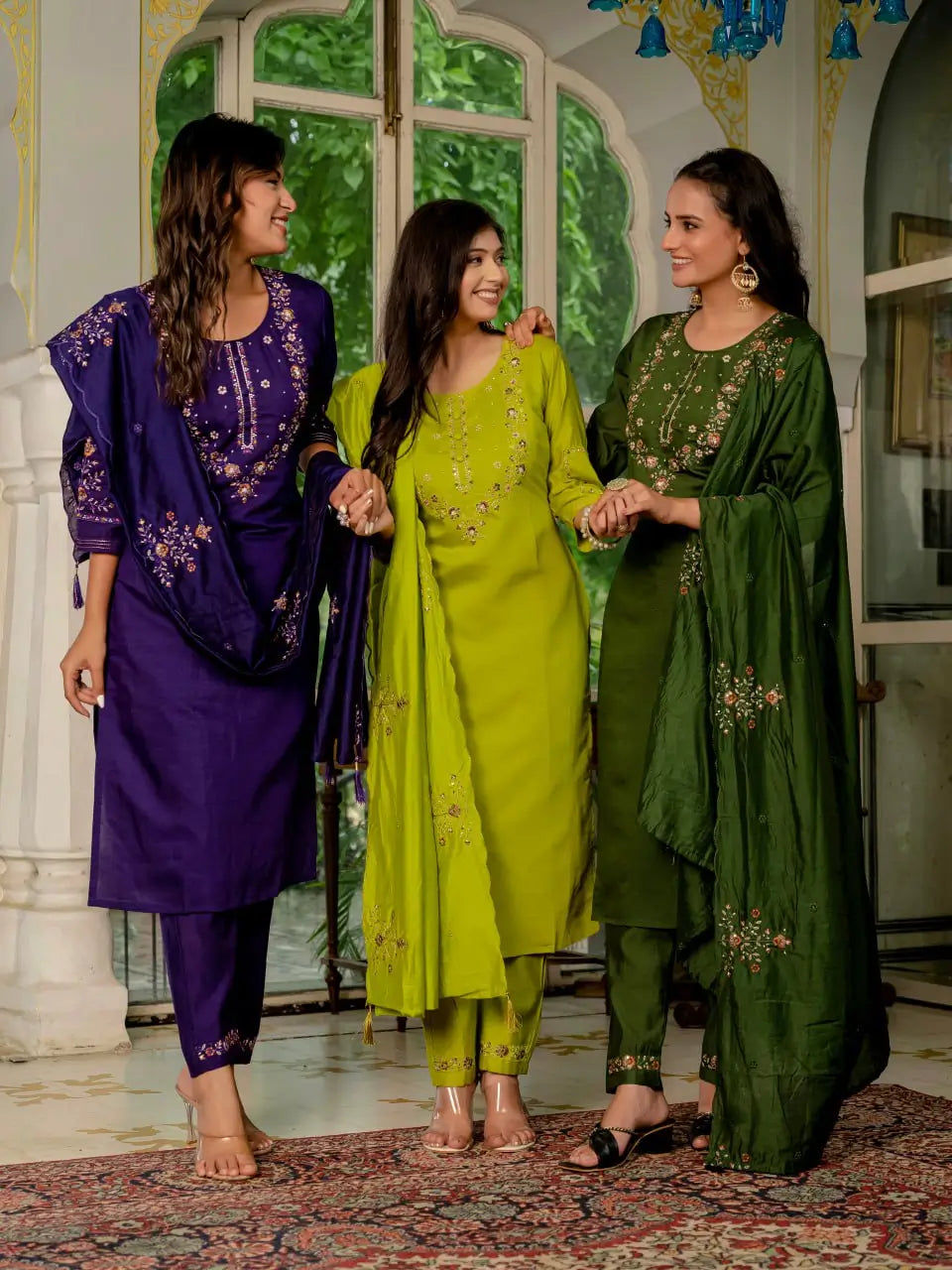 Marina Silk Multi Embroidered Kurti Set with Pant & Maslin Dupatta – Stitched 3 Piece Set