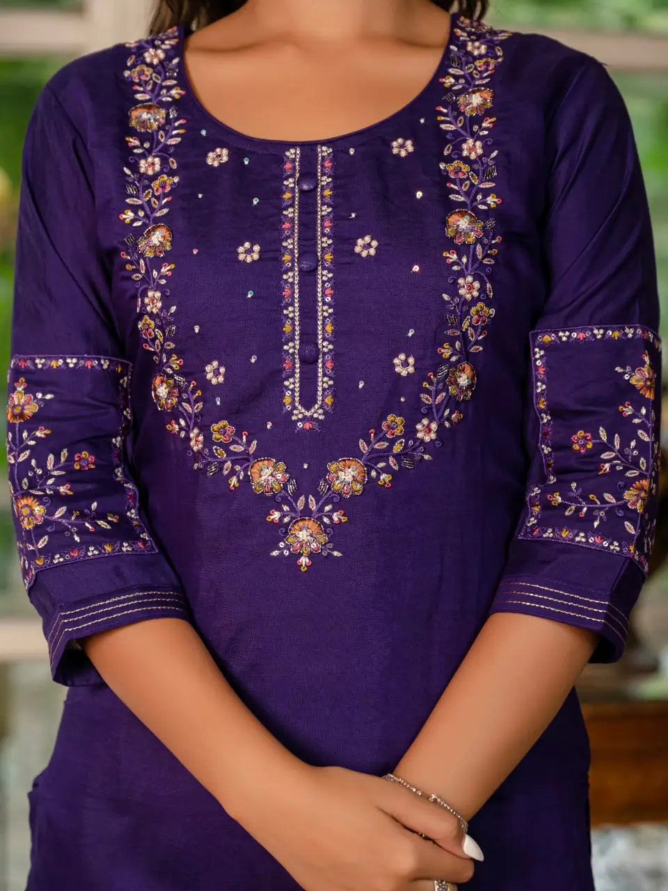 Marina Silk Multi Embroidered Kurti Set with Pant & Maslin Dupatta – Stitched 3 Piece Set