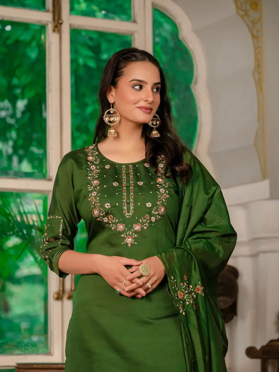 Marina Silk Multi Embroidered Kurti Set with Pant & Maslin Dupatta – Stitched 3 Piece Set