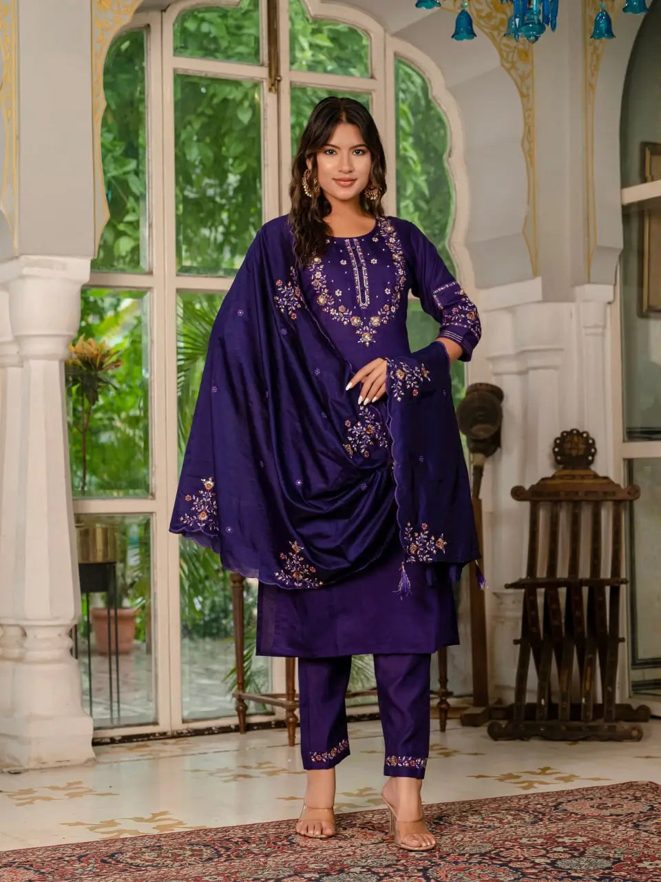 Marina Silk Multi Embroidered Kurti Set with Pant & Maslin Dupatta – Stitched 3 Piece Set