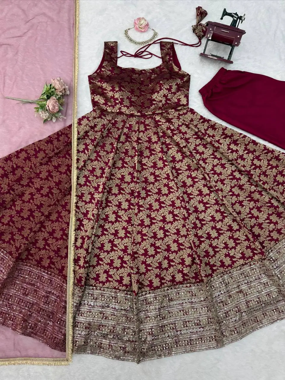 Maroon Butti Jacquard Anarkali Set