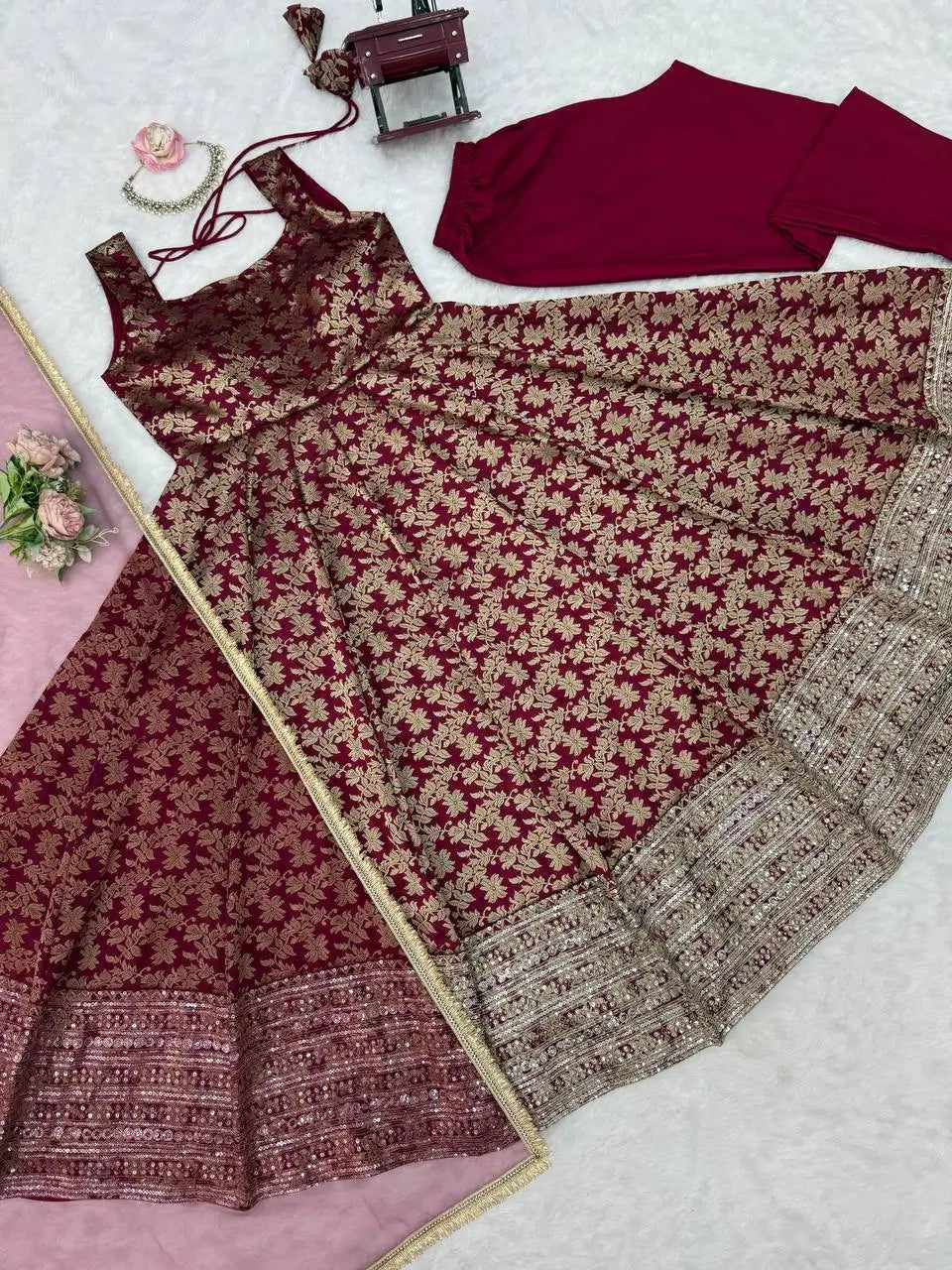 Maroon Butti Jacquard Anarkali Set