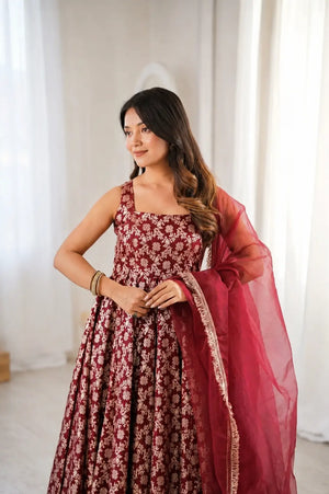 Maroon Butti Jacquard Anarkali Set