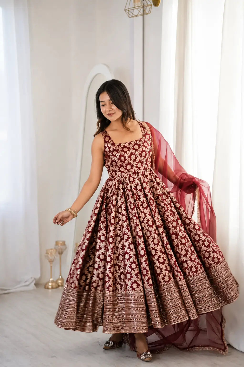 Maroon Butti Jacquard Anarkali Set