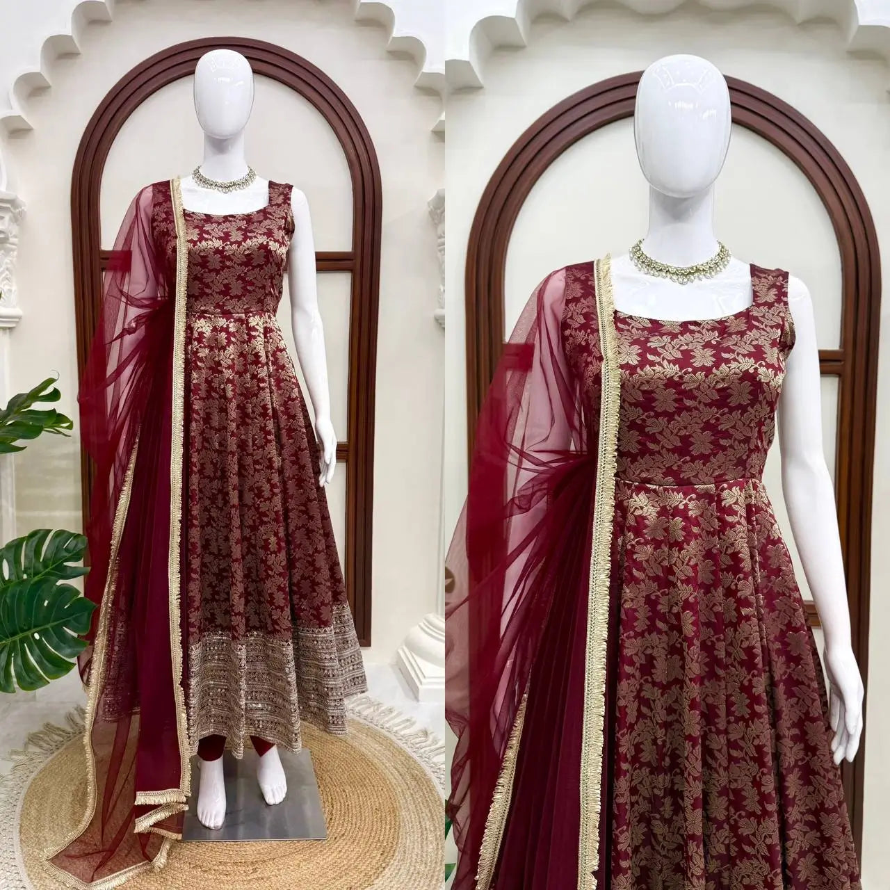 Maroon Butti Jacquard Anarkali Set