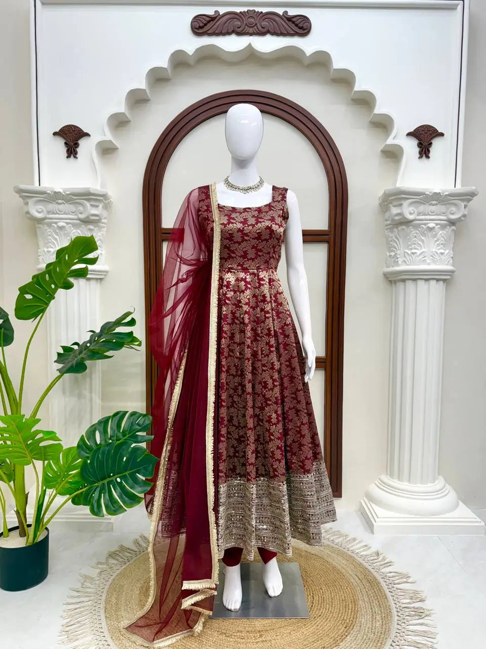 Maroon Butti Jacquard Anarkali Set