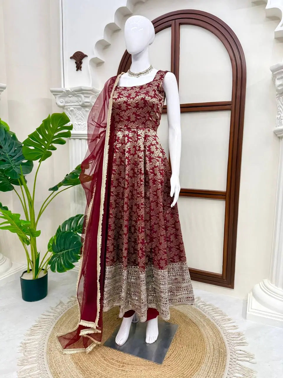 Maroon Butti Jacquard Anarkali Set